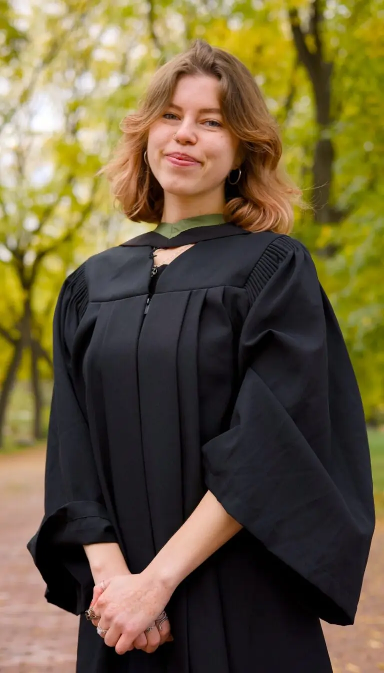 Person in a black graduation gown standing outdoors with trees in the background, The photo is from Guelph Grad Photos. The background is the University of Guelph Campus.